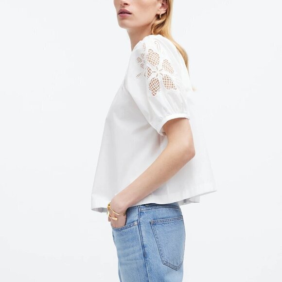Madewell Embroidered Puff-Sleeve A-Line Top in Poplin White Size XL NWT - Picture 5 of 10